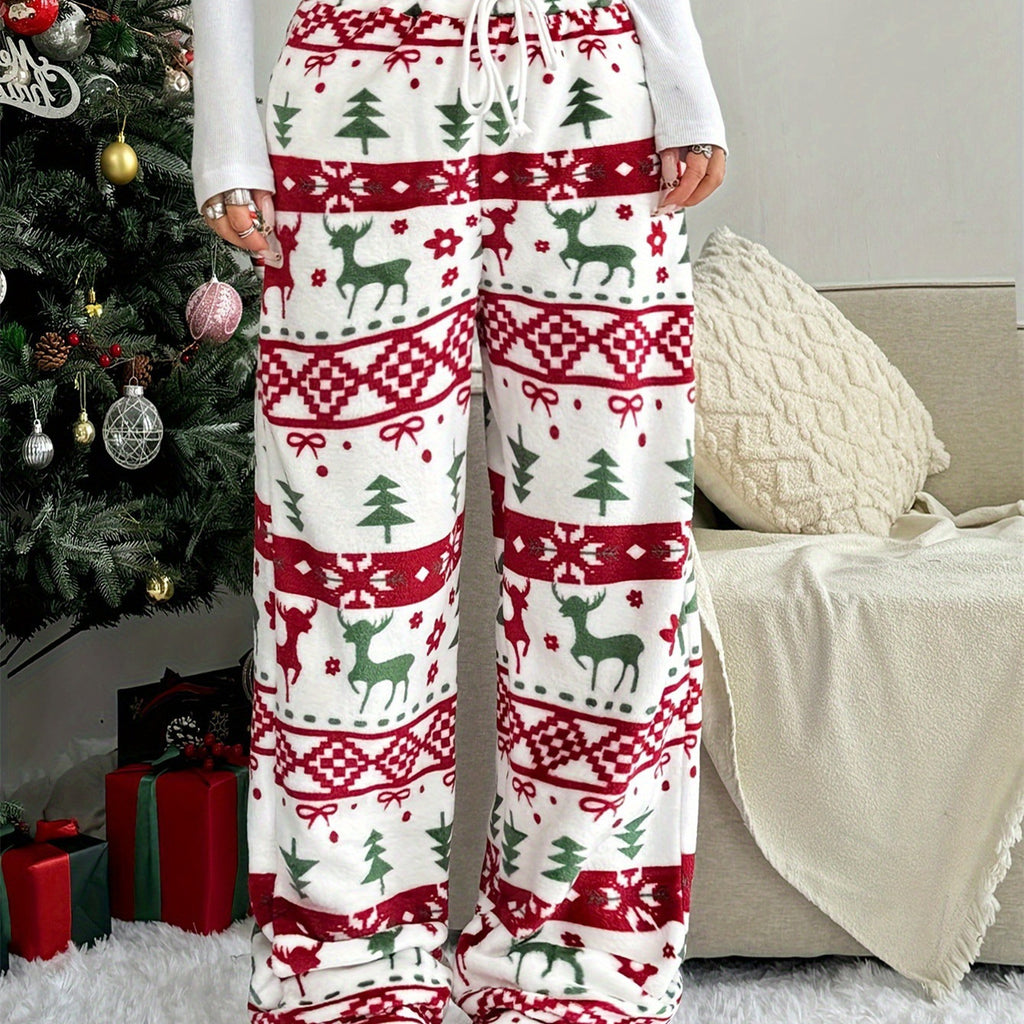 Christmas Plush Warm Pattern Printing Casual And Comfortable Loose Straight Trousers