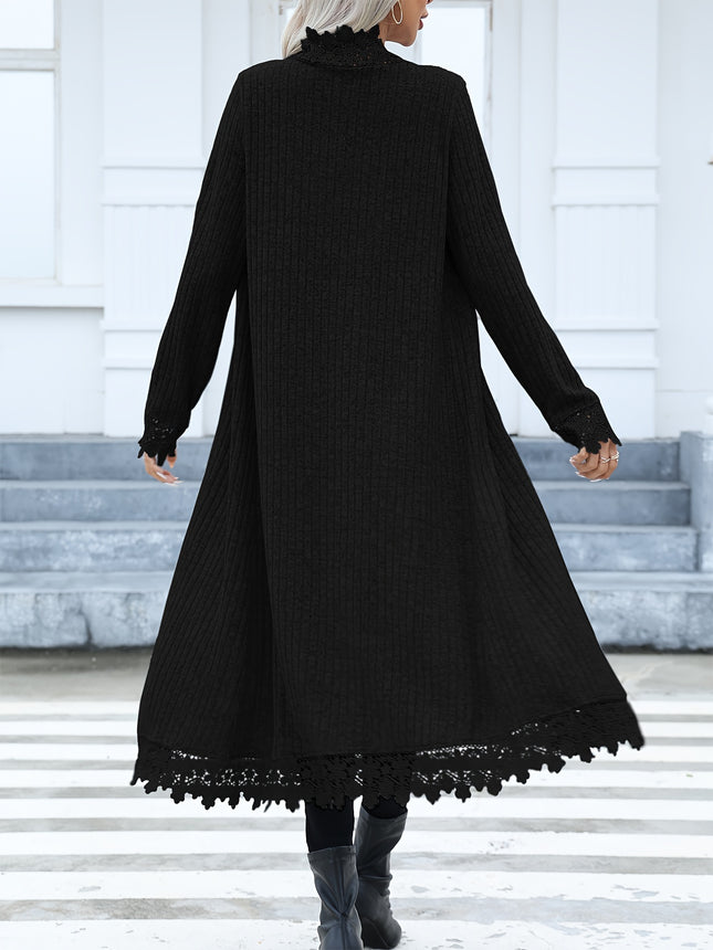 Women Elegant Lace Trim Cardigan Round Neck Long Sleeve