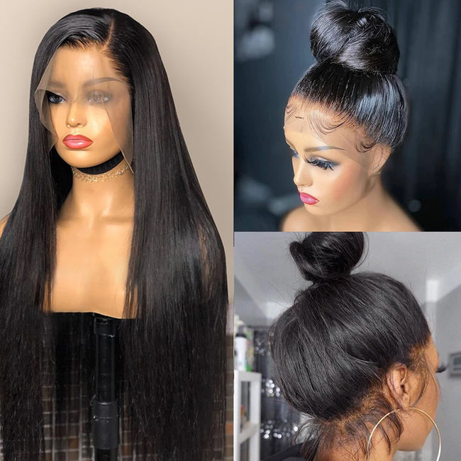 Real Human Hair Lace Wig Set Straight Hair Black Medium Length Hover Image