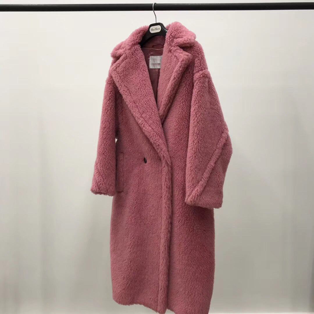 Women's Long Pink Wool Alpaca Fleecefiber Fur Coat