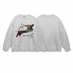 American Retro Christmas Hat Puppy Embroidery Design Casual Round Neck Sweater