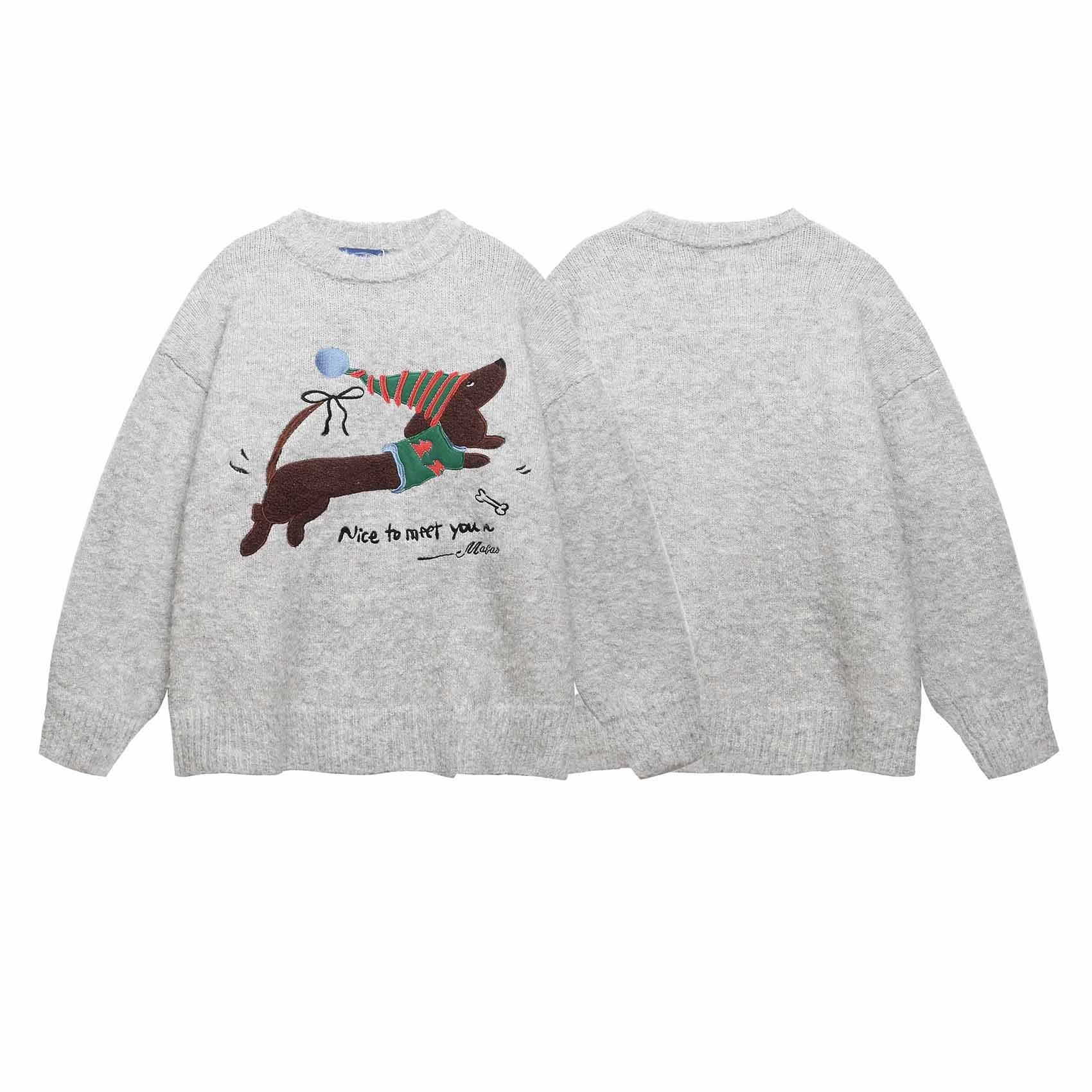 American Retro Christmas Hat Puppy Embroidery Design Casual Round Neck Sweater