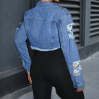 Wash Long Sleeve Lapel Ripped Burr Denim Coat