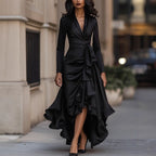 V-neck Waist Trimming Ruffles Elegant Dress