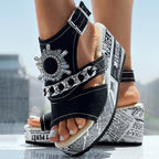 Newspaper Buckle Denim Wedge Slides - Anklet Not Included