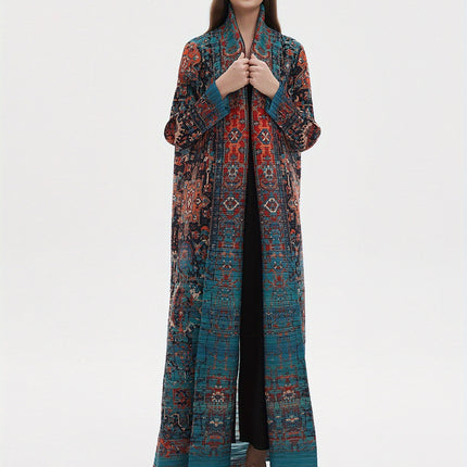 Miyake 2025 Women Long Abaya Robe Geometric Print Multicolor
