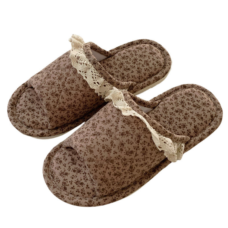 Home Style Vintage Floral One Word Four Seasons Universal Cotton Slippers Female
