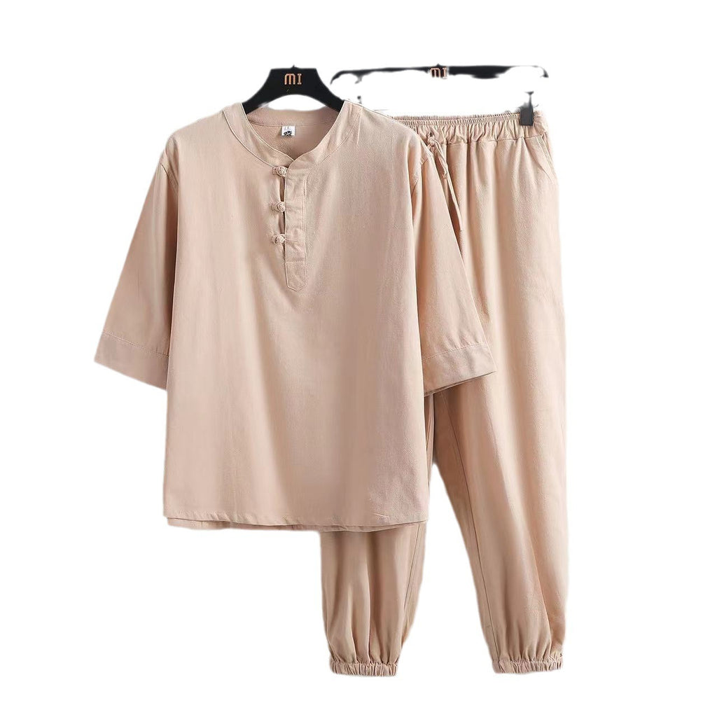 Linen Short Sleeve Suit Buckle Half Sleeve Hanfu Lay Buddhist Clothes