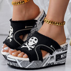 Newspaper Skull Original Hem Platform Wedge Slides - Anklet Not Included