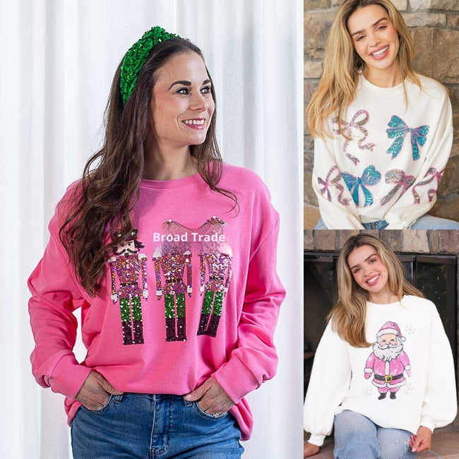 Women's Christmas Sequins Loose-fitting Casual Sweatshirt Round Neck Long Sleeve Hover Image