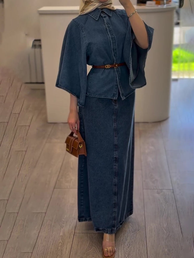 Denim Cape - Style Top And Maxi Skirt Set Hover Image