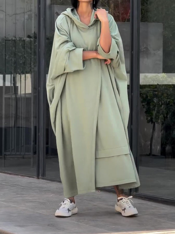 Sage Green Oversized Cape Dress With Hooded Design