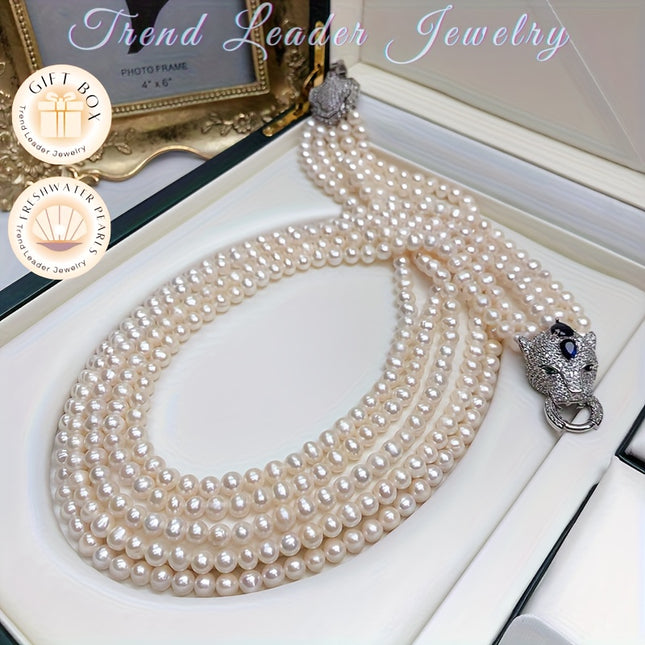 Freshwater Pearl Layered Necklace With Leopard Head Clasp
