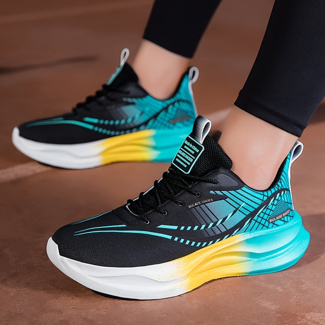 Mens Stylish Black Teal Yellow Running Shoes Lace Up Casual