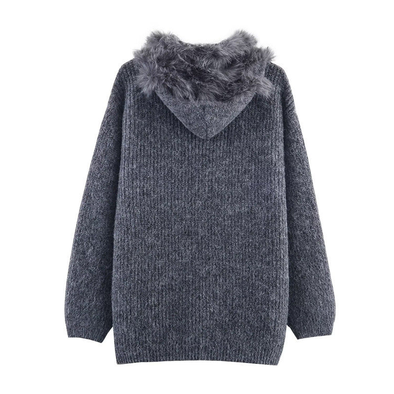 Cool Strap Decorative Hoodie Horn Button Knitted Coat