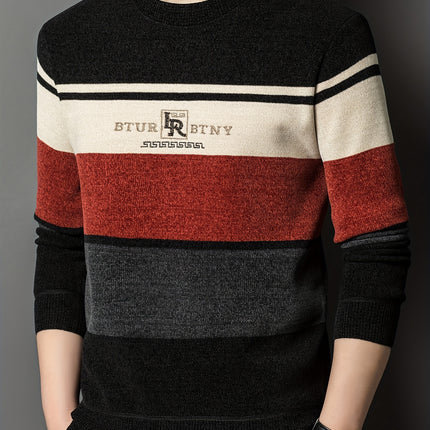 Mens Winter Striped Crew Neck Sweater Long Sleeve Pullover