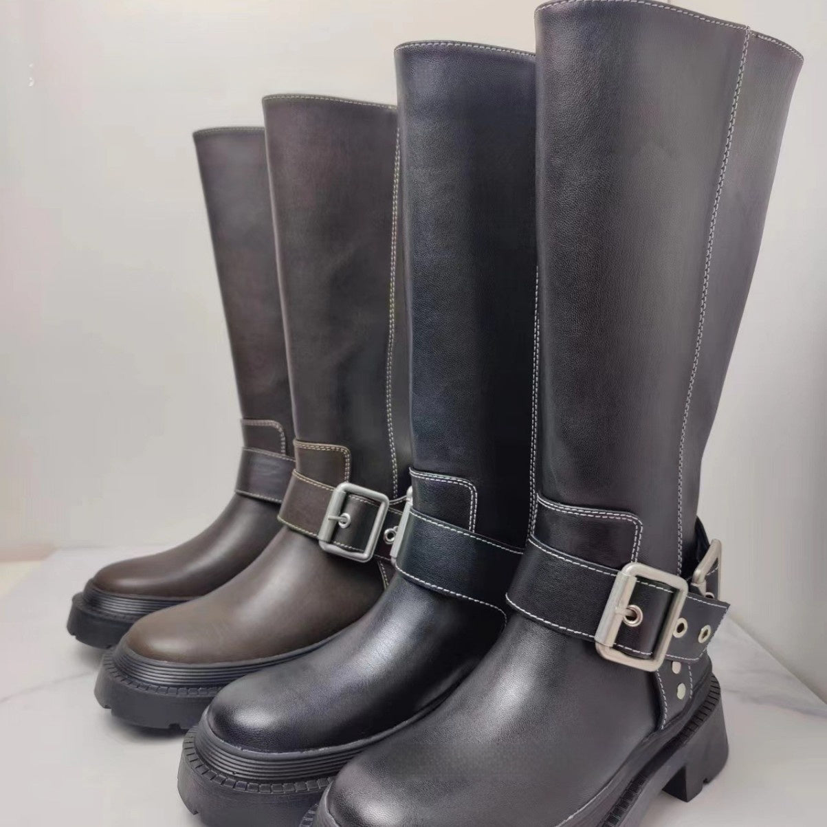 Women's Brown Retro Height Increasing Buckle Decoration High Knight Platform Boots