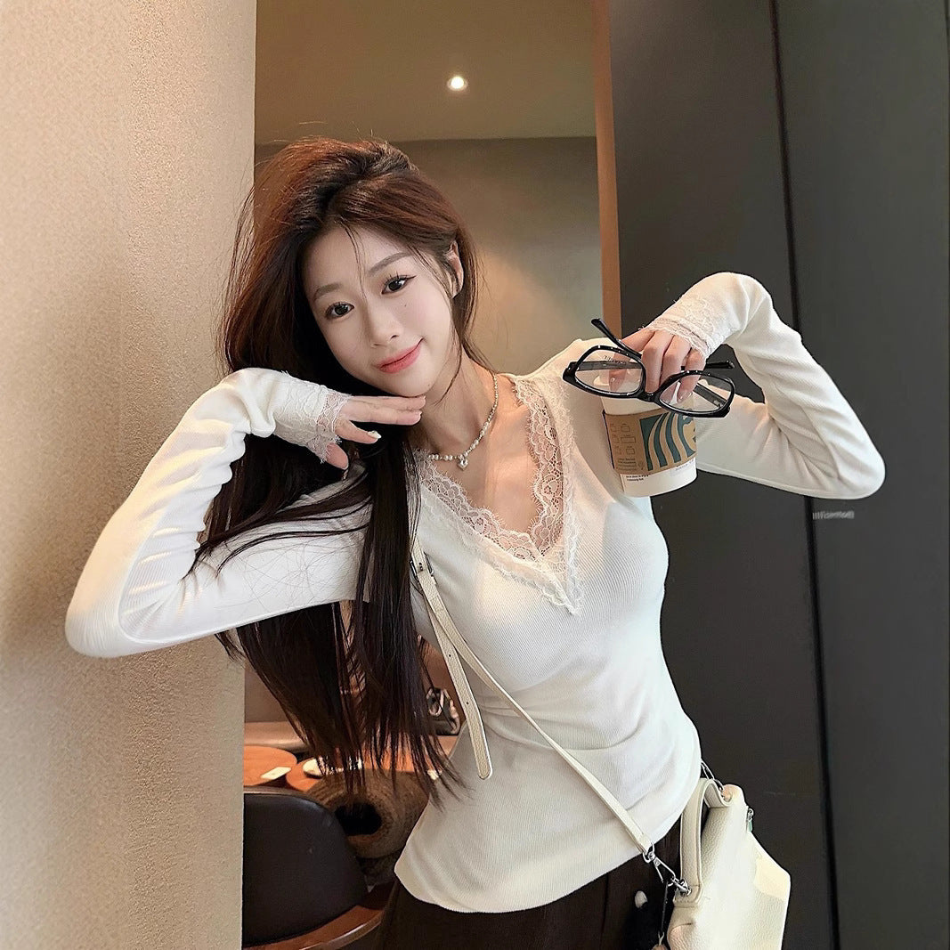 V-neck Dralon Lace Stitching Brushed Long Sleeve