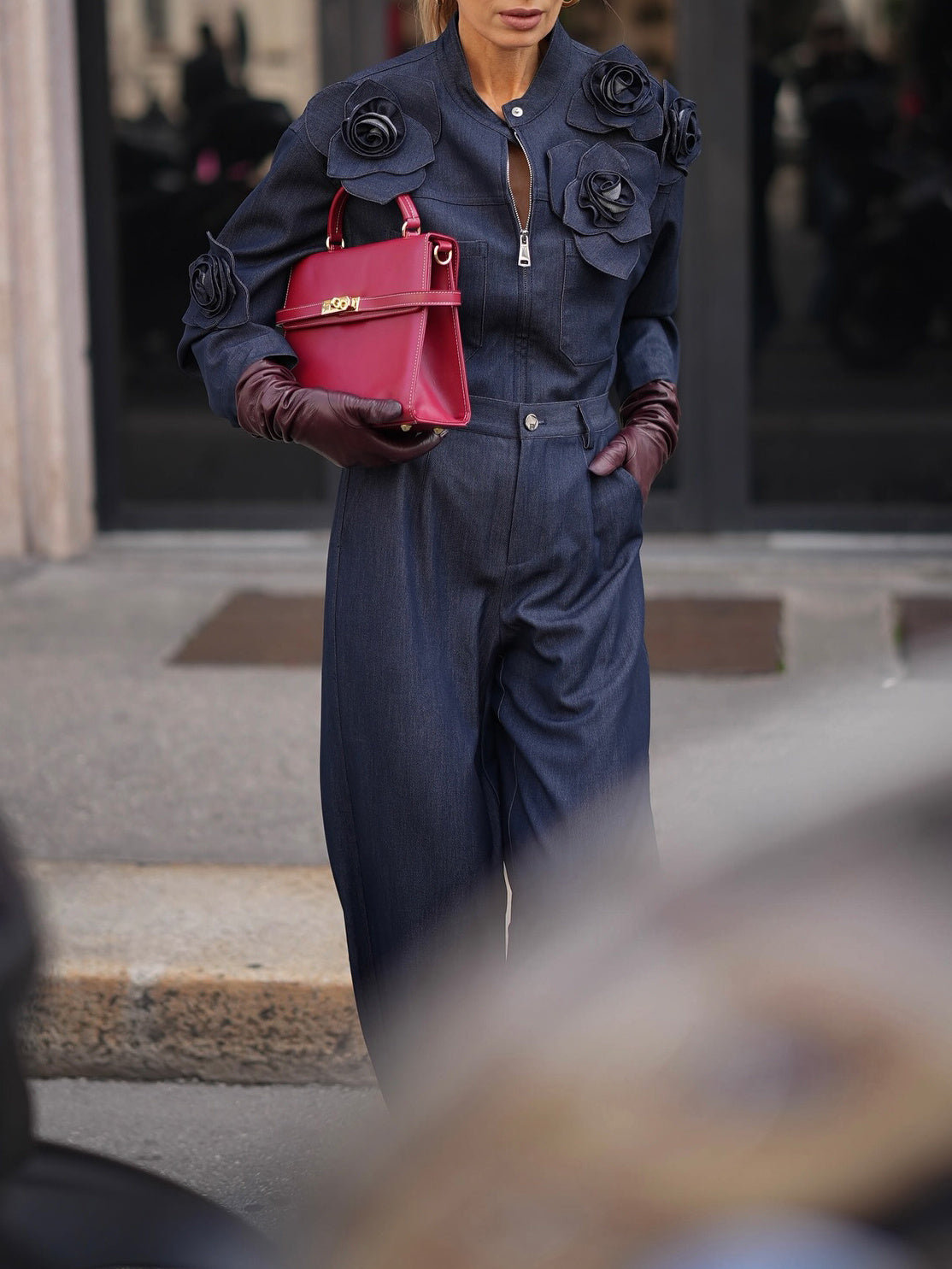 3D Floral Embellishments Shirt & High-Waisted Jeans Denim Set