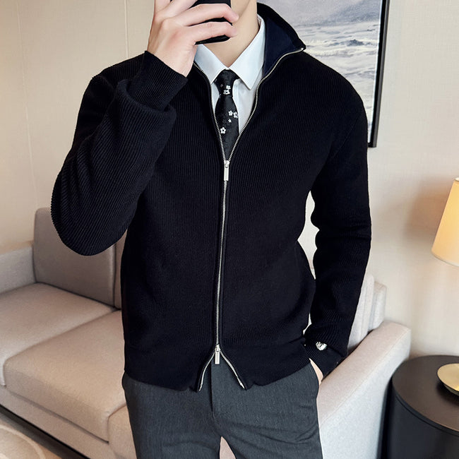 Autumn And Winter Thickening Men's Zipped Stand Collar Sweater Coat Hover Image