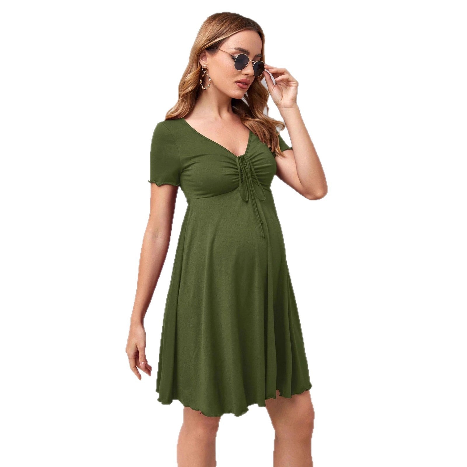V-neck Short-sleeved Dress With Drawstring At Chest