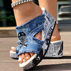 Newspaper Skull Original Hem Platform Wedge Slides - Anklet Not Included