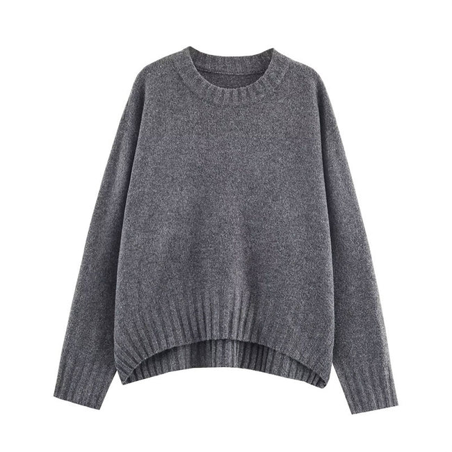 Women's solid color fashionable simple and versatile ribbed knit sweater Hover Image