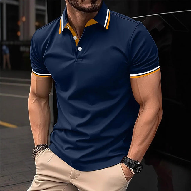 Men's Slim-fit Ribbed Striped Lapel Button Solid Color Stitching T-shirt Top Hover Image