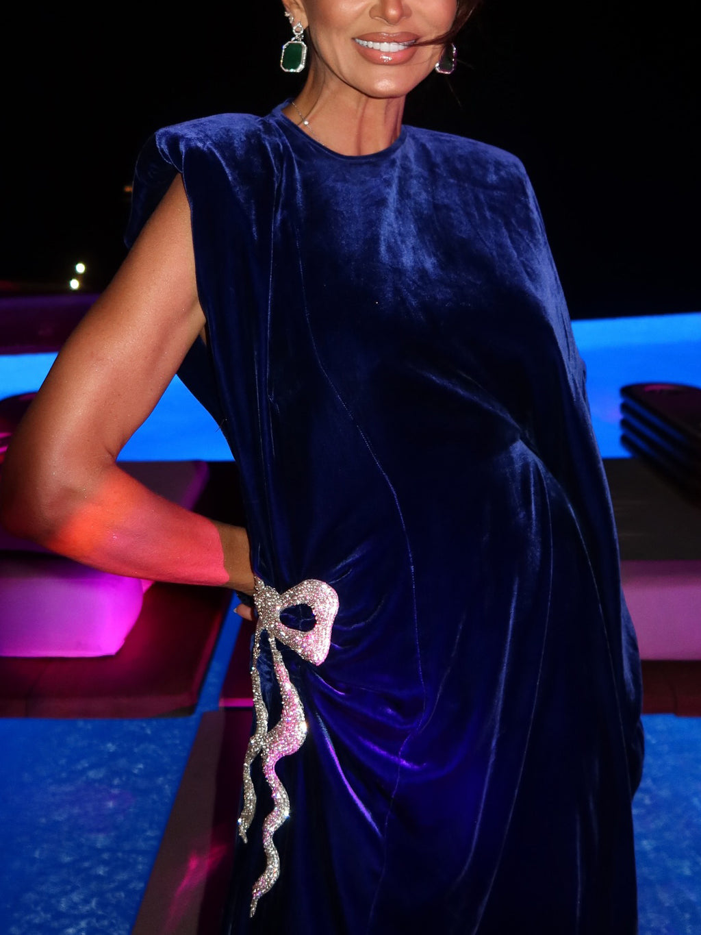 Navy Blue Velvet Gown With White Bow And High Slit Detail