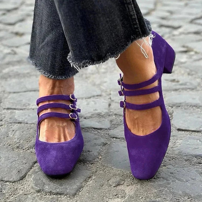 Women's Leather Square Toe Low-cut Retro Style Chunky Heel High Heels Hover Image