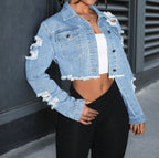 Wash Long Sleeve Lapel Ripped Burr Denim Coat