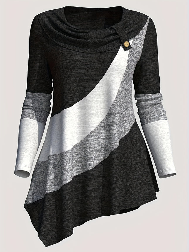 Patchwork Print Button Decor T Shirt Colorblock Long Sleeve