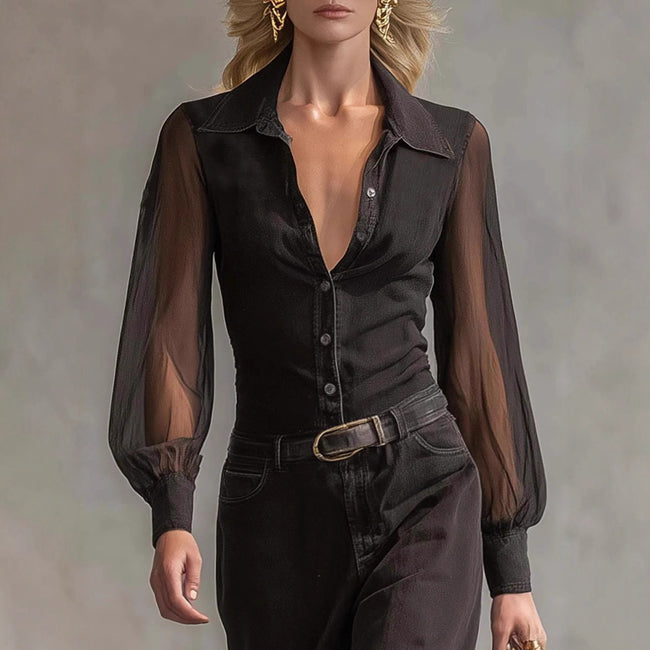 Long Sleeve See-through Blouse Collar Button Mesh Dress Main Image