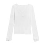 V-neck Dralon Lace Stitching Brushed Long Sleeve