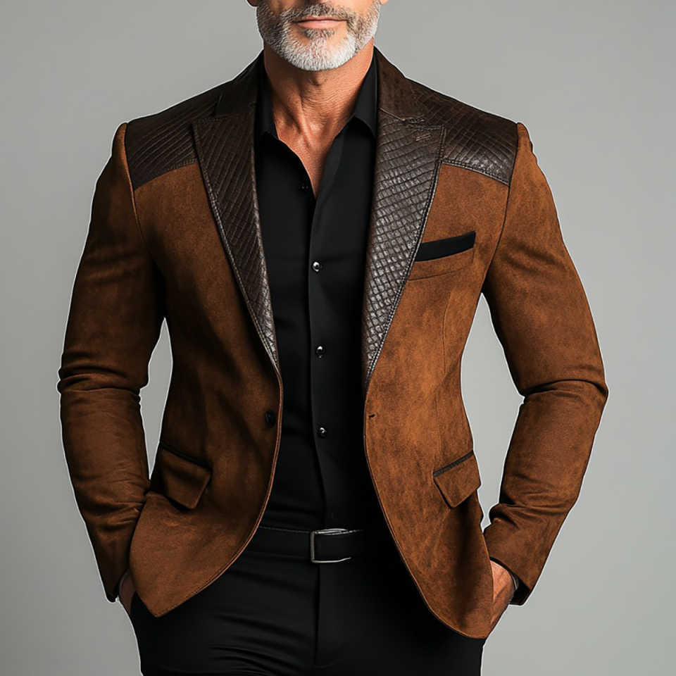 Brown Suede Blazer With Textured Leather Accents