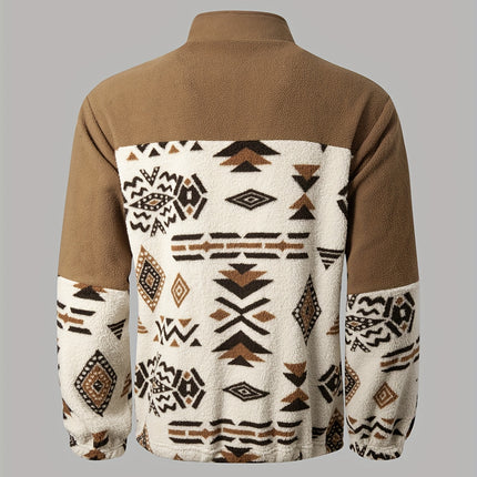 Mens Geometric Print Fleece Zip Up Jacket With Pockets