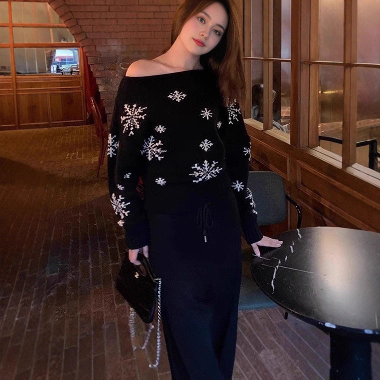 Snowflake Christmas Sweater For Women Pullover Boat Neck