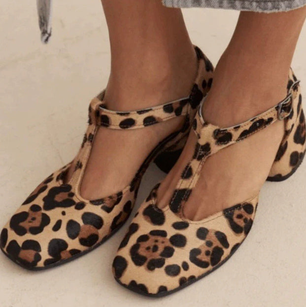 Leather Women's Season Thick High Heel Suede Leopard Buckle Sandals Main Image