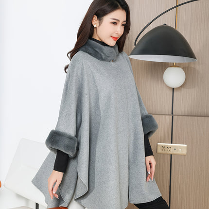 Women Fleece Collar Cloak Shawl Coat Warm Autumn Winter