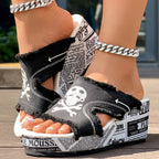 Newspaper Skull Original Hem Platform Wedge Slides - Anklet Not Included