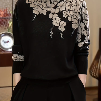 Women's High Neck Floral Jacquard Sweater Long Sleeve