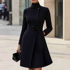 Women's Stand Collar Long Sleeve Dress, Elegant High Waist Belted Midi Dress, Slim Fit Office Formal Dress