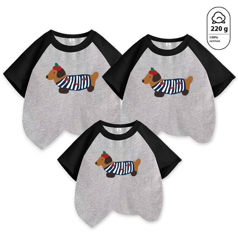 Dog Western Style Mother-daughter Matching Outfit Cotton Short Sleeve Contrast Color Korean Style