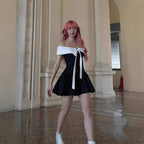 Off-shoulder Bow Lace-up Waist Trimming Short-sleeved Dress