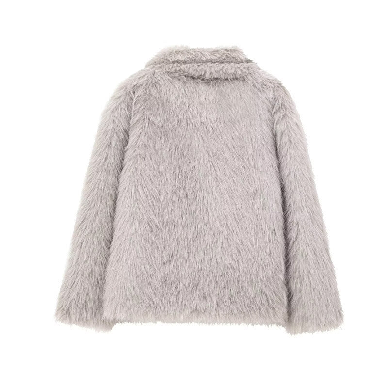 Women's Solid Color Fashionable Temperament Lapel Faux Fur Jacket