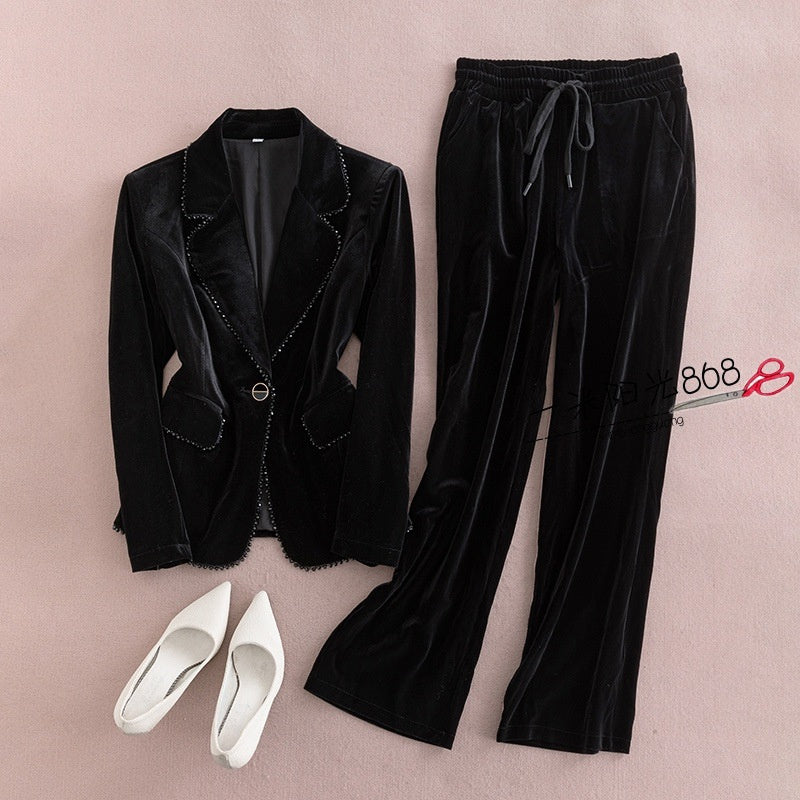 Black Pleuche Temperament Slim Fashion Velvet Suit