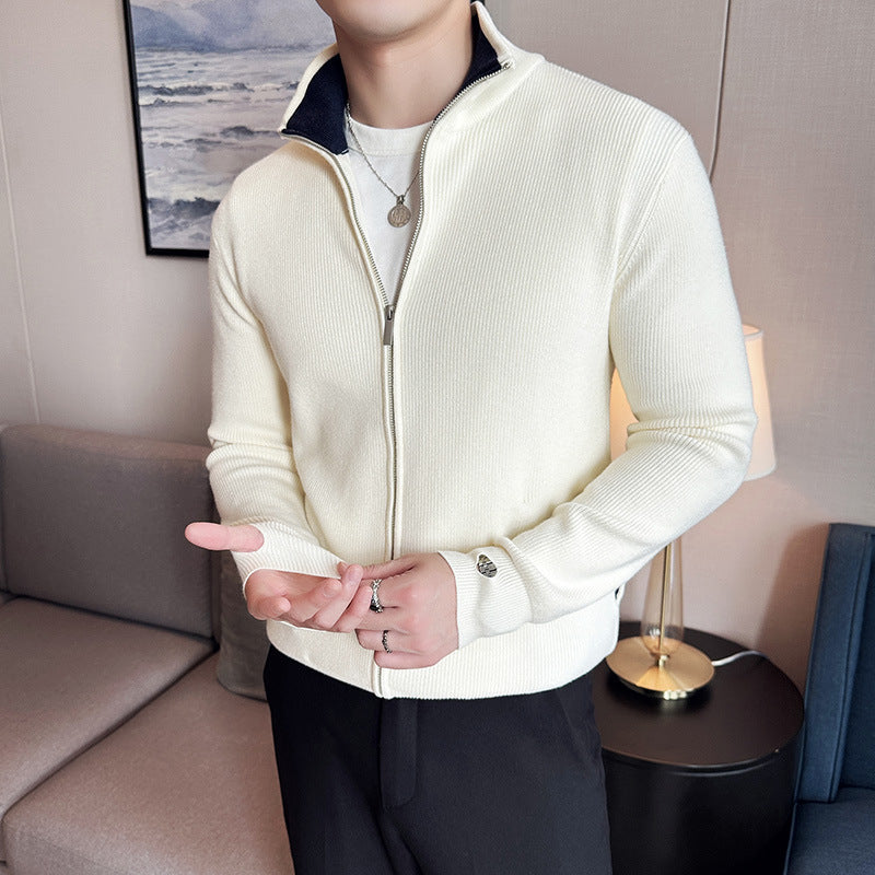 Autumn And Winter Thickening Men's Zipped Stand Collar Sweater Coat