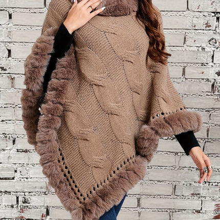 Women Elegant Crochet Pullover Sweater With Faux Fur Lining