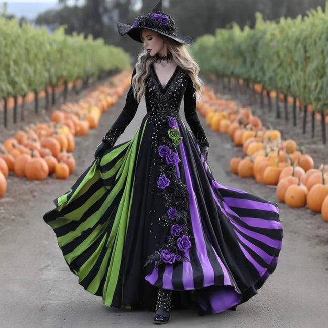 V-neck Long Sleeve Dress Large Swing Dress Halloween Dress Main Image