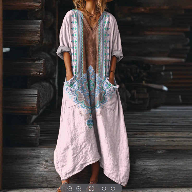 Women's Vintage Floral Print Pocket V-neck Dress